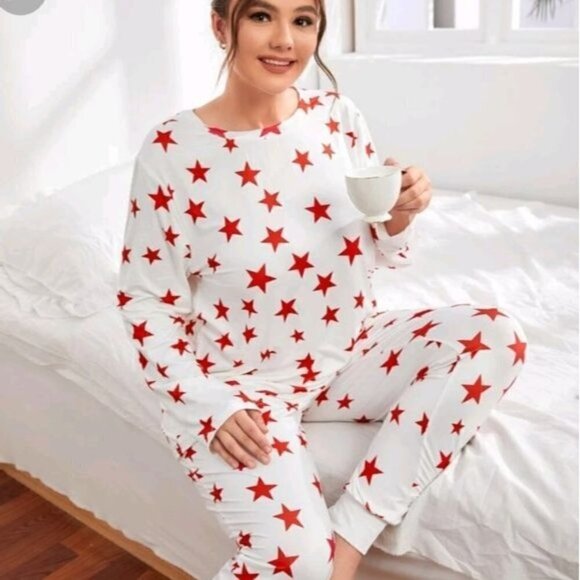 WHITE WITH RED STARS TWO PIECE LOUNGEWEAR - Picture 1 of 7